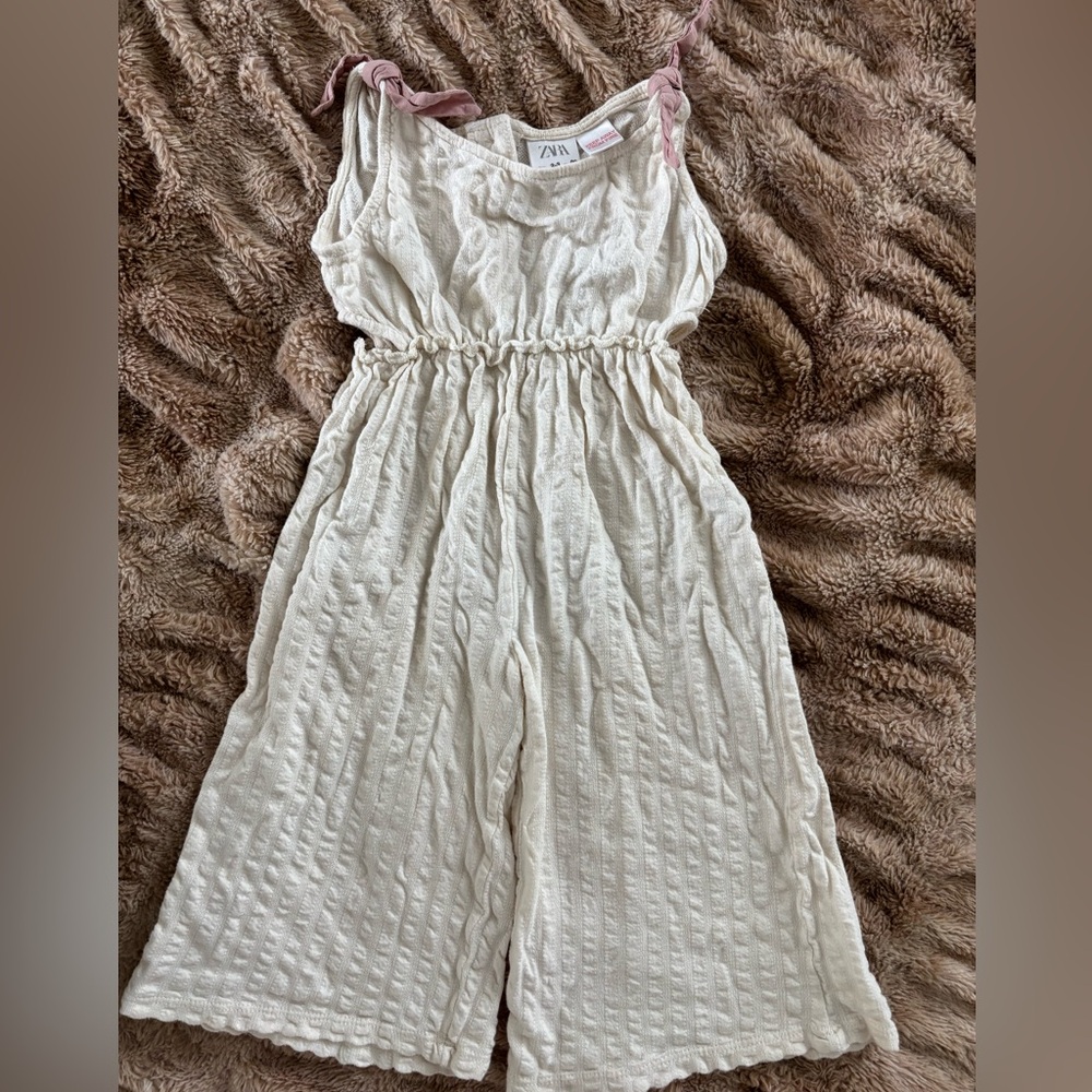 Zara White Textured romper with Pink Straps